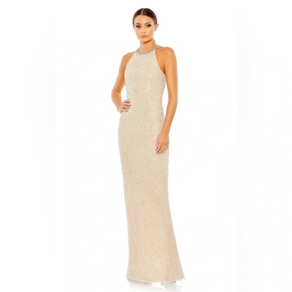 NWT Mac Duggal Beaded Nude and Silver Full Length Gown Women's Size 10 - Picture 1 of 5